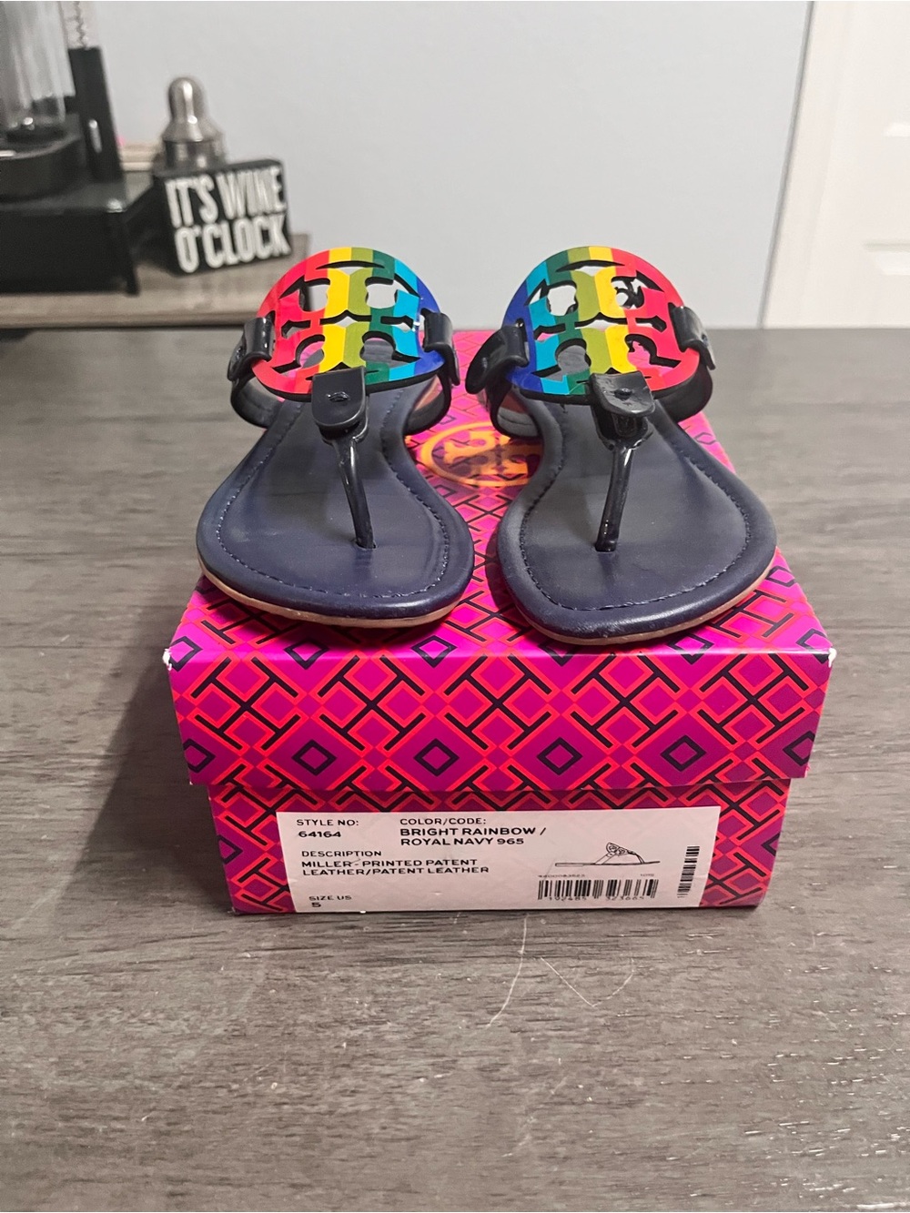 Tory Burch Navy Leather Sandals with Rainbow Logo